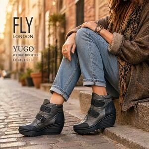 Fly London Yugo Wedge Booties EU 41 US 10 Black Gray Leather Strap Platform